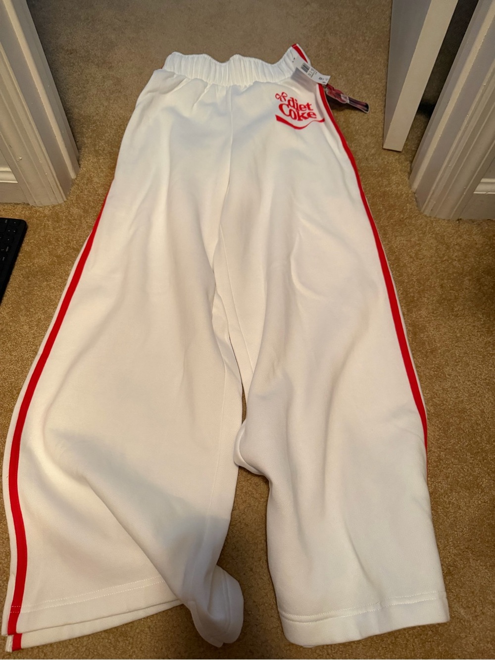 White Track Pants with Red Side Stripes and Logo